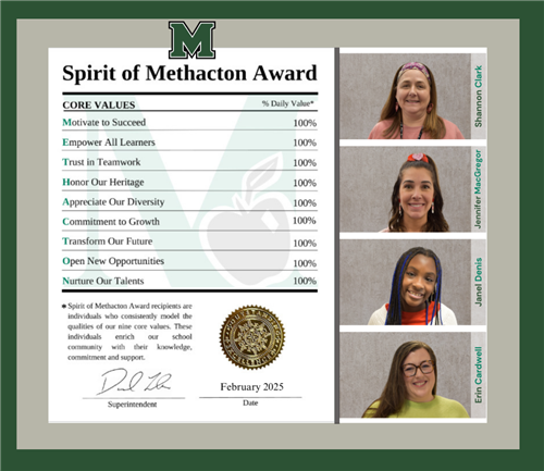 a certificate that says 'spirit of methacton award' with a seal and photos of the four recipients